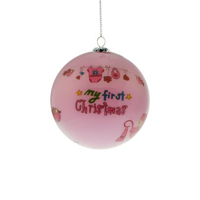 Handgeschilderde roze kerstbal 'My First Christmas' Glas Rikkoert Huiscollectie