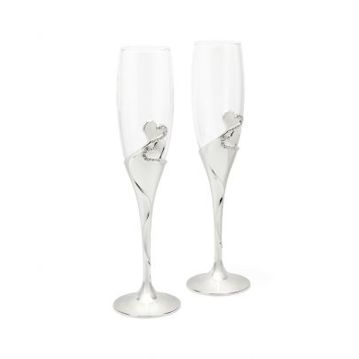 Twee champagneglazen op verzilverde voet met hartje, 7526261 Glas Verzilverd Rikkoert Huiscollectie