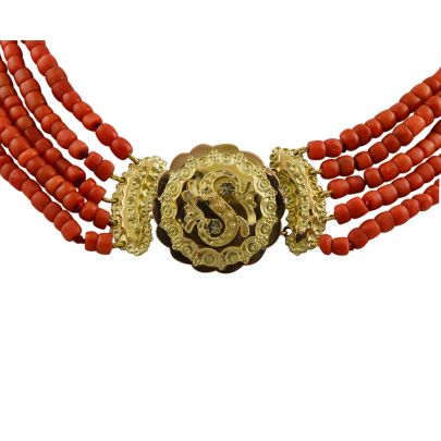 Bloedkoralen collier met geelgouden cantille slot 41 - 44 cm., Nederland ca. 1870 Goud