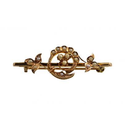 Geelgouden takbroche met zaadpareltjes, Nederland ca. 1900 Goud