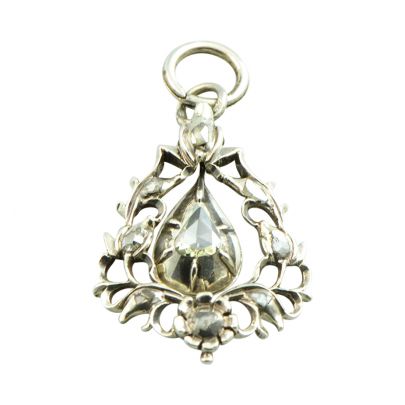 Zilveren druppelvormige hanger met diamant, Nederland ca. 1870 Zilver