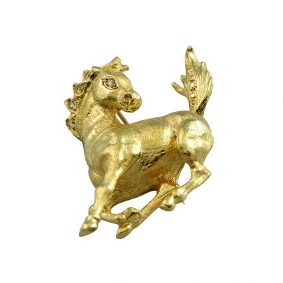 Geelgouden broche paard met zirkonia, Italië ca. 1970 Goud