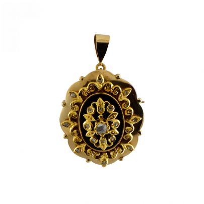 Geelgouden broche/hanger met onyx en diamant, Nederland ca. 1970 Goud