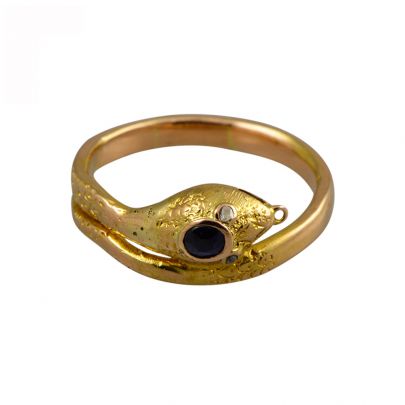 Geelgouden slangen ring met diamant en saffier Goud