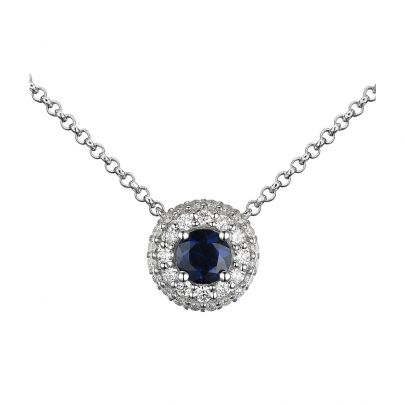 Rikkoert witgouden ketting met entourage hanger met blauwe saffier en diamant 42 cm. Goud Rikkoert Huiscollectie