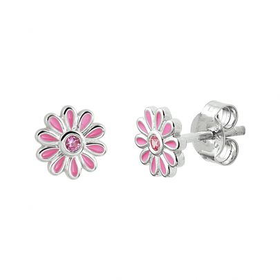 Rikkoert zilveren oorknoppen bloem met roze zirkonia en emaille Zilver Rikkoert Huiscollectie