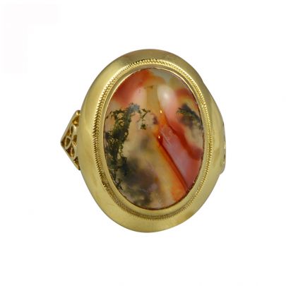 Geelgouden ring met mosagaat Goud