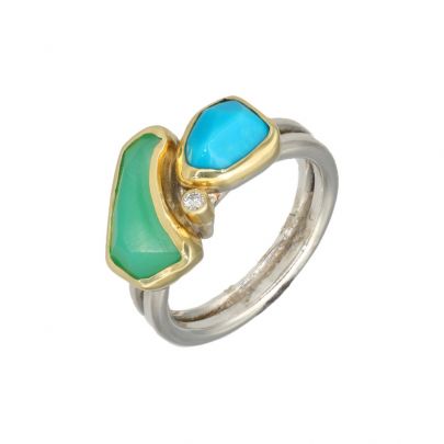 Margoni 18 kt. geelgouden/zilveren ring met chrysopraas, turquoise en diamant, WAG0353 Goud Zilver Margoni