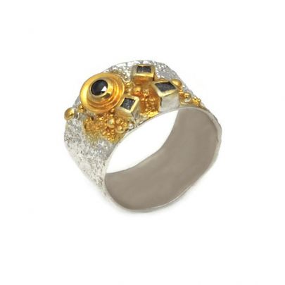 Eva Stone goud op zilveren ring met ruwe diamant en zwarte diamant, 922RA Zilver Eva Stone