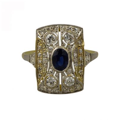 Geelgouden Art Déco ring met blauwe saffier en diamant, Frankrijk ca. 1930 Goud Platina