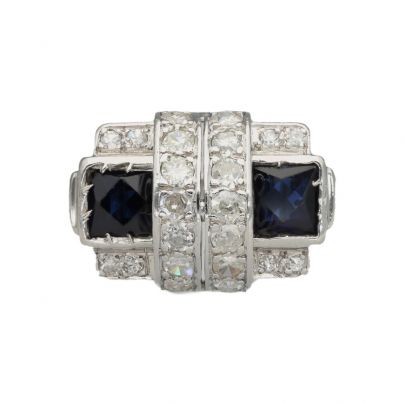 Witgouden en platina Art Deco ring met diamant en synthetische blauw saffier, Frankrijk ca. 1930 Goud Platina