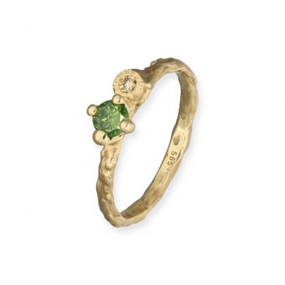 Liesbeth Busman geelgouden Miss Twiggy ring met groene en gold diamant Goud Liesbeth Busman