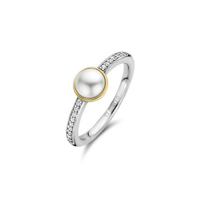 Ti Sento goud op zilveren ring met zirkonia en witte parel, 12308YP/54 Zilver Verguld zilver Ti Sento