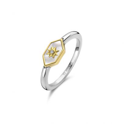 Ti Sento goud op zilveren ring met parelmoer en zirkonia, 12311MW/56 Zilver Verguld zilver Ti Sento