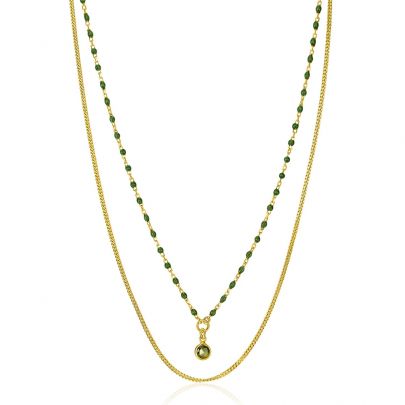 Zinzi 2-snoers goud op zilveren ketting met groene bolletjes en zirkonia 42 - 45 cm., ZIC2528G Verguld zilver Zinzi