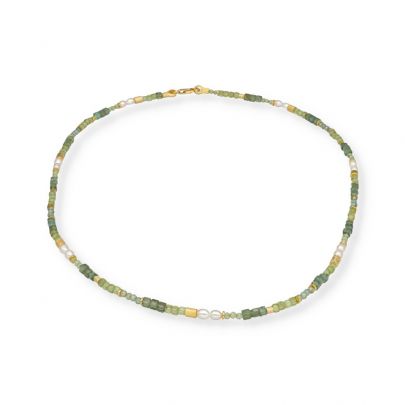 Stones in Style goud op zilveren ketting met apatiet, peridot en zoetwaterparels 43 cm., N-24-13612 GO Verguld zilver Stones in Style