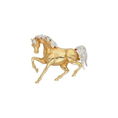 Bicolor gouden paardenbroche met diamant, ItalÔe ca. 1975 Goud