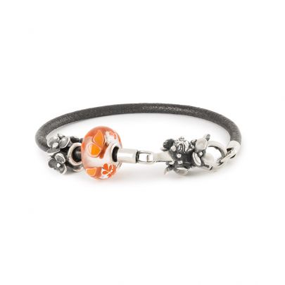 Trollbeads leren Feeënbloem armband met zilveren aanzet 19 cm., TLB24B19 NB Zilver Glas Leer Trollbeads