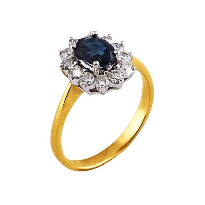 Rikkoert 14 kt. geelgouden entourage ring met blauwe saffier en diamant  Goud Rikkoert Huiscollectie