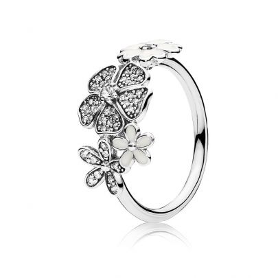 Pandora zilveren ring met bloemen van emaille en zirkonia's, 190984CZ-52 Zilver Emaille Pandora