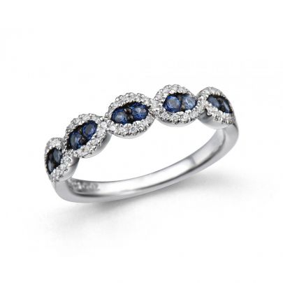 Rikkoert witgouden ring met blauwe saffier en diamant