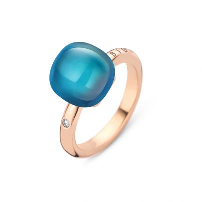 Bigli Mini Sweety roségouden ring met London blue topaas, parelmoer en diamant, 20R88RLOBMP Goud Bigli