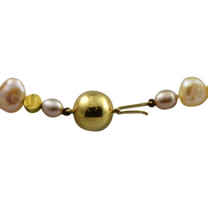 Parelcollier met toermalijn en geelgouden bollen 42 cm. Goud