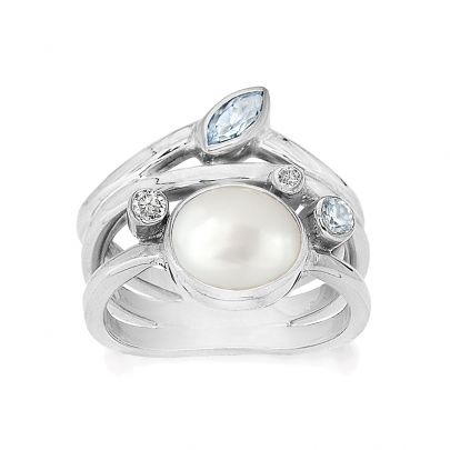 Rabinovich zilveren Optimism ring met witte parel, wit en blauw topaas, 75503065-56