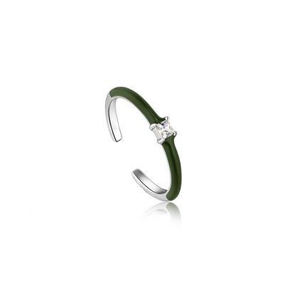 Ania Haie zilveren Forest Green Enamel Carabiner ring met emaille en zirkonia, R031-02H-G Zilver Ania Haie