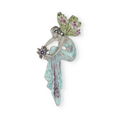 Timeless Classics by GL zilveren Art Nouveau broche/hanger vrouw met blauwe, paarse en groene emaille, EM34015-1 Zilver Timeless Classics by GL