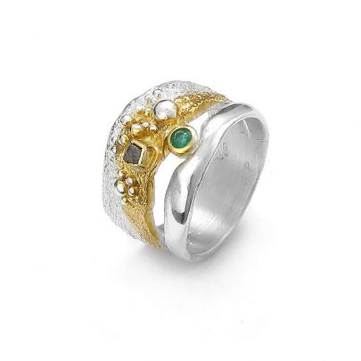 Eva Stone goud op zilveren ring met ruwe zwarte diamant en smaragd