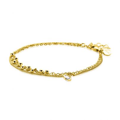 Zinzi 2-snoers goud op zilveren armband met zirkonia en bolletjes 16,5 - 19 cm., ZIA2520Y Verguld zilver Zinzi