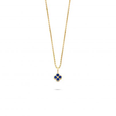 Miss Spring geelgouden Duchess ketting met klavertje en blauwe saffier 42 - 45 cm., MSH742-GG-BLSA