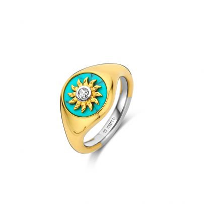 Ti Sento goud op zilveren zegelring met turquoise, 12335TQ/56