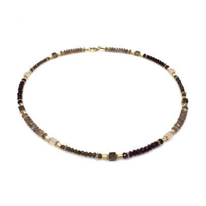 Stones in Style goud op zilveren ketting met granaat, rookkwarts en maansteen 44 cm.